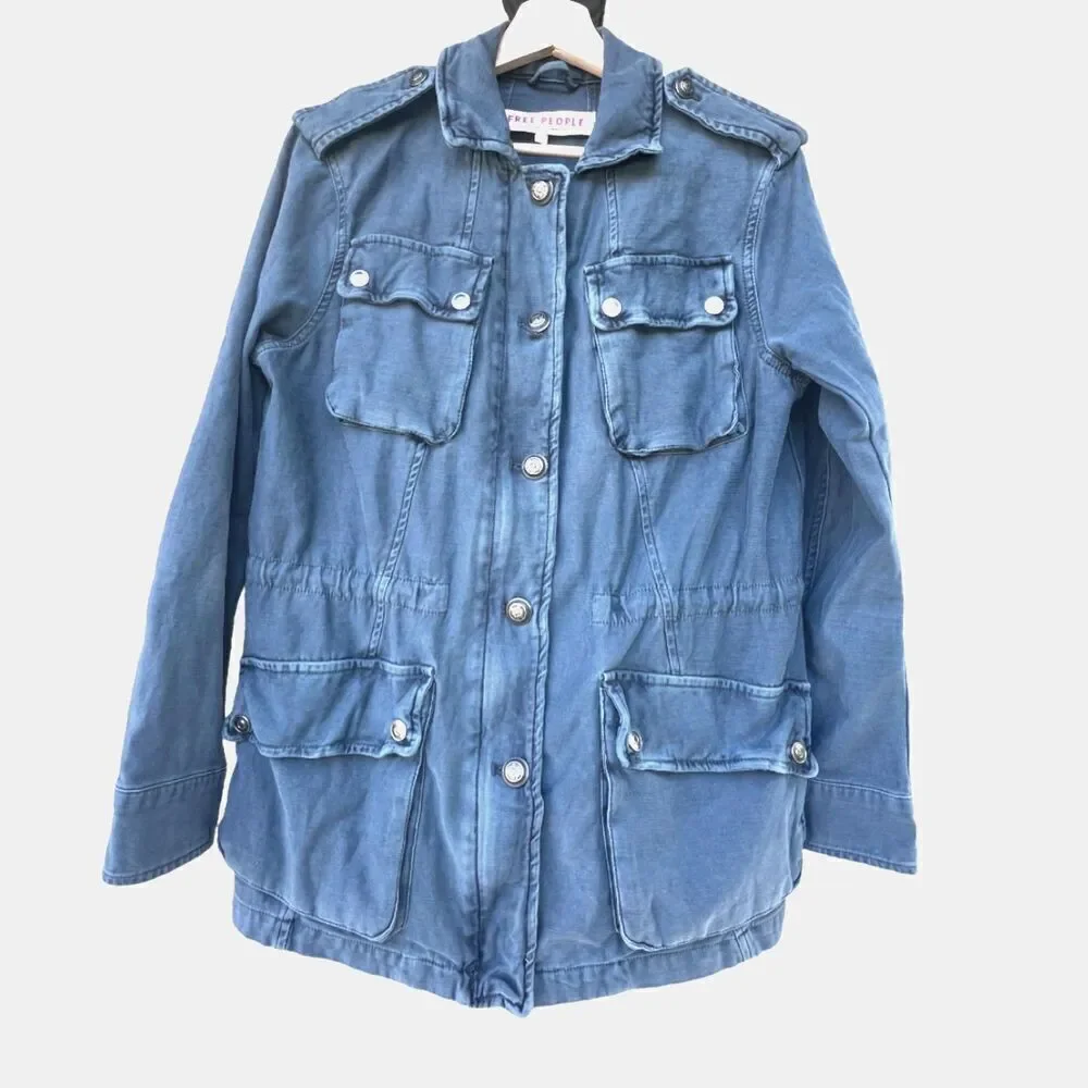 Free Peoples Denim Jacket blue oversize relaxed Cargo Coat Outfitters XS - Picture 2 of 11